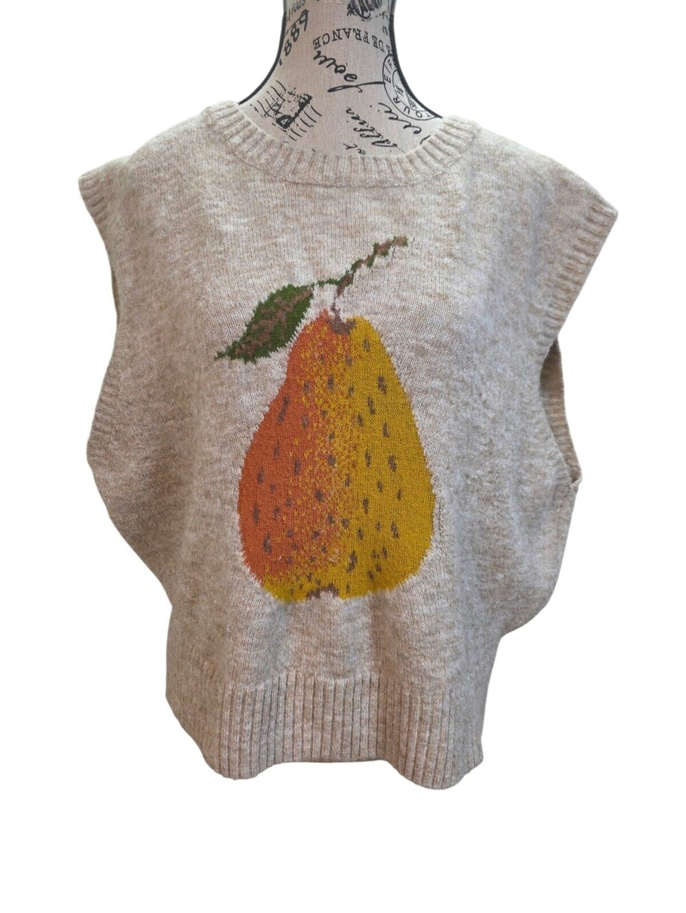 Cider Womens 1XL Knit Sweater Vest Khaki Beige Pear Graphic Cozy Cottagecore